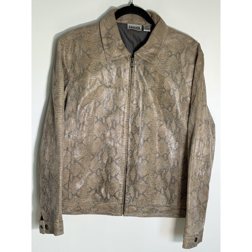 Chico's Design Women's Leather Snake Print Tan Full Zip Sports Jacket, Sz 2